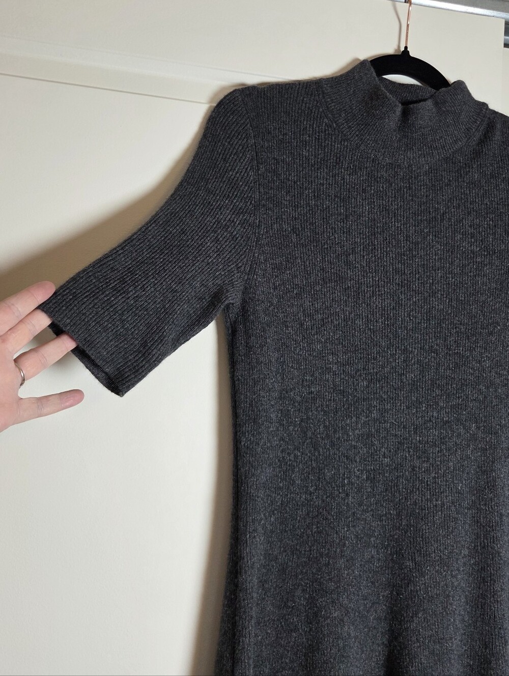 White + Warren Cashmere Sweater Dress Mock Neck Short Sleeve Ribbed Knit Gray - Picture 4 of 8